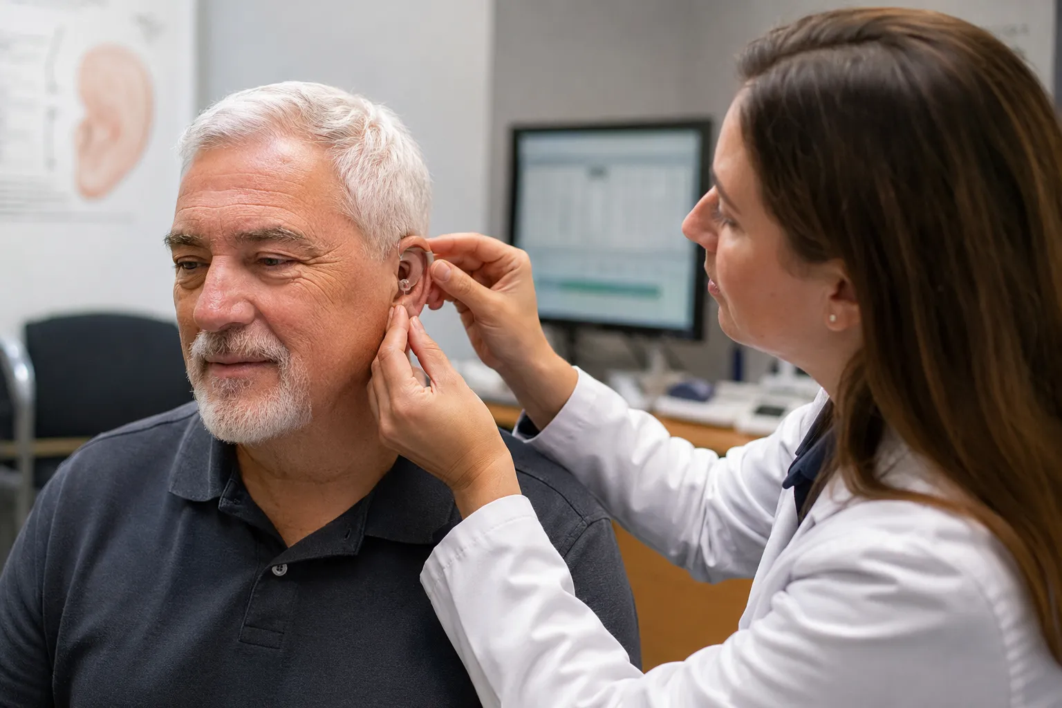 Senior having a hearing aid fitted, a cost not covered by Original Medicare