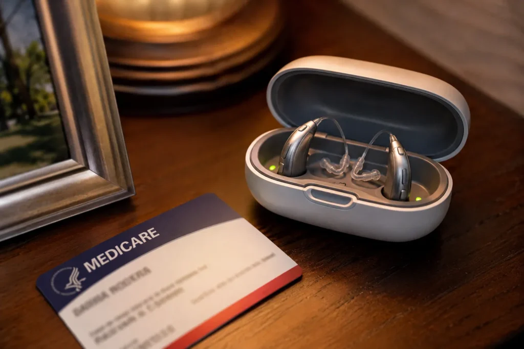 Hearing aids and a Medicare card representing a coverage gap in Original Medicare