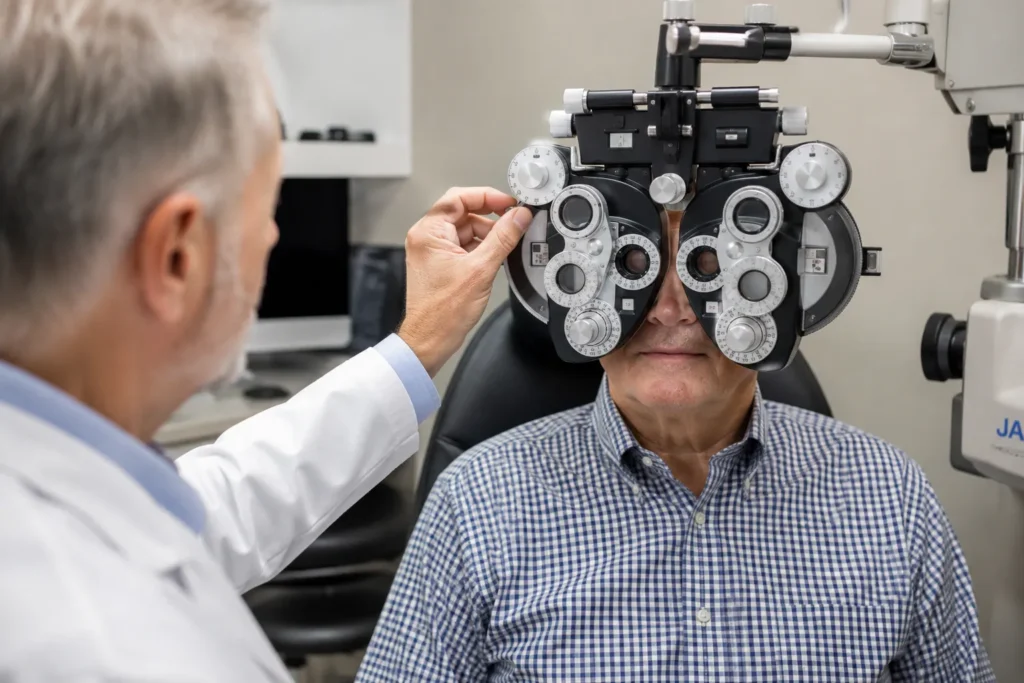 Optometrist performing an eye exam, a service with limited Medicare coverage