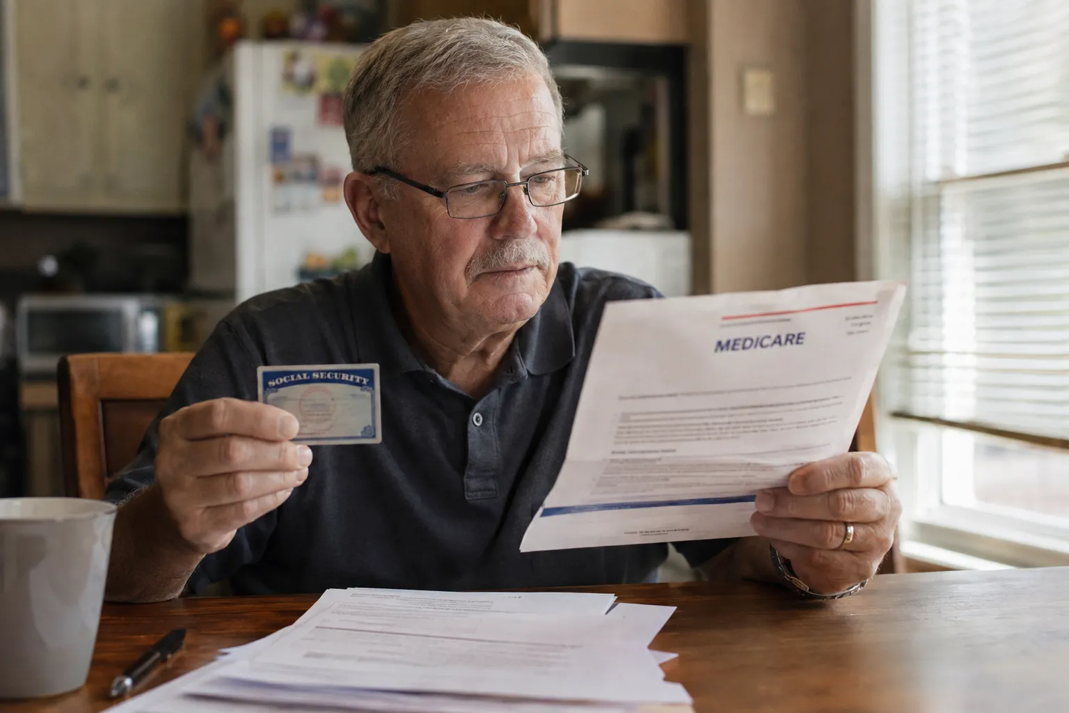 Senior reviewing his Medicare eligibility and enrollment letter.