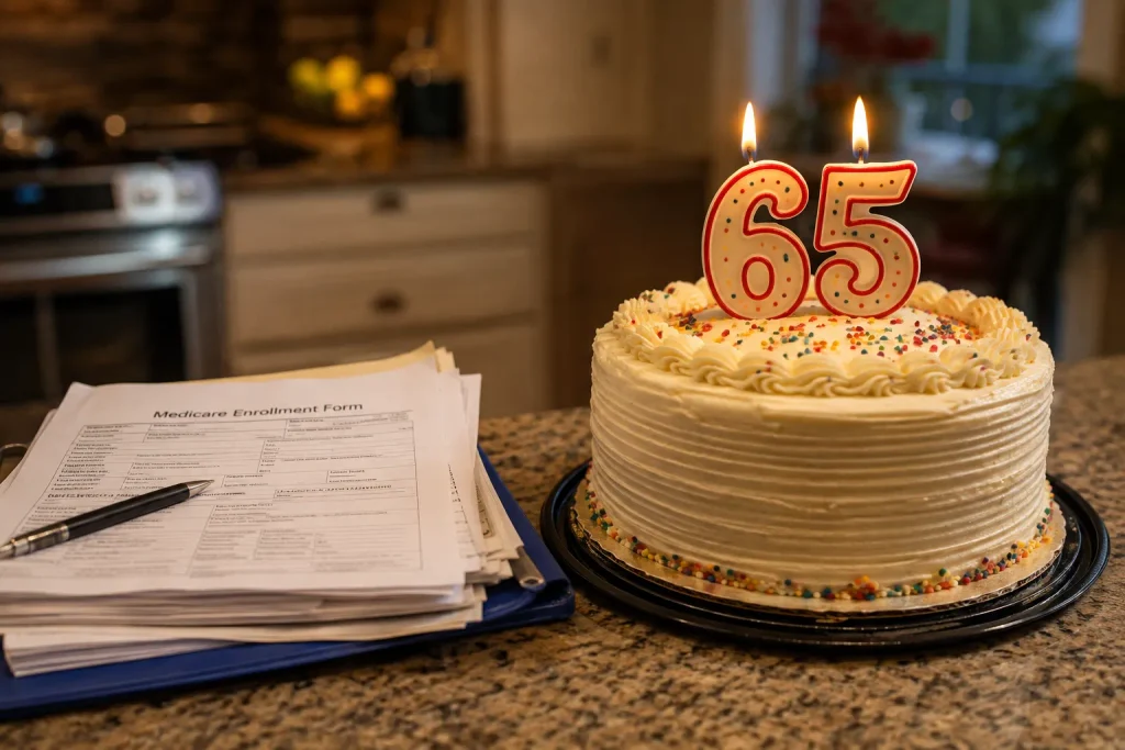 Turning 65 birthday scene representing standard Medicare eligibility age.