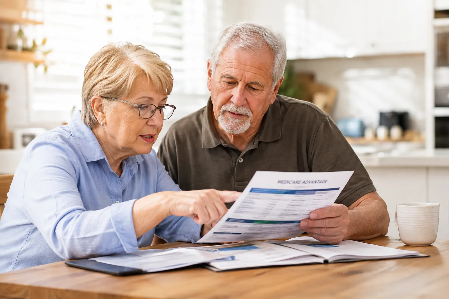 Couple reviewing a Medicare Part C Medicare Advantage plan brochure