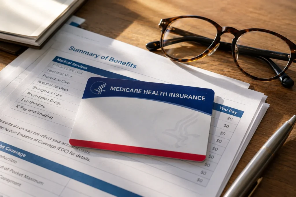 Medicare card and benefit documents representing Medicare Part C coverage
