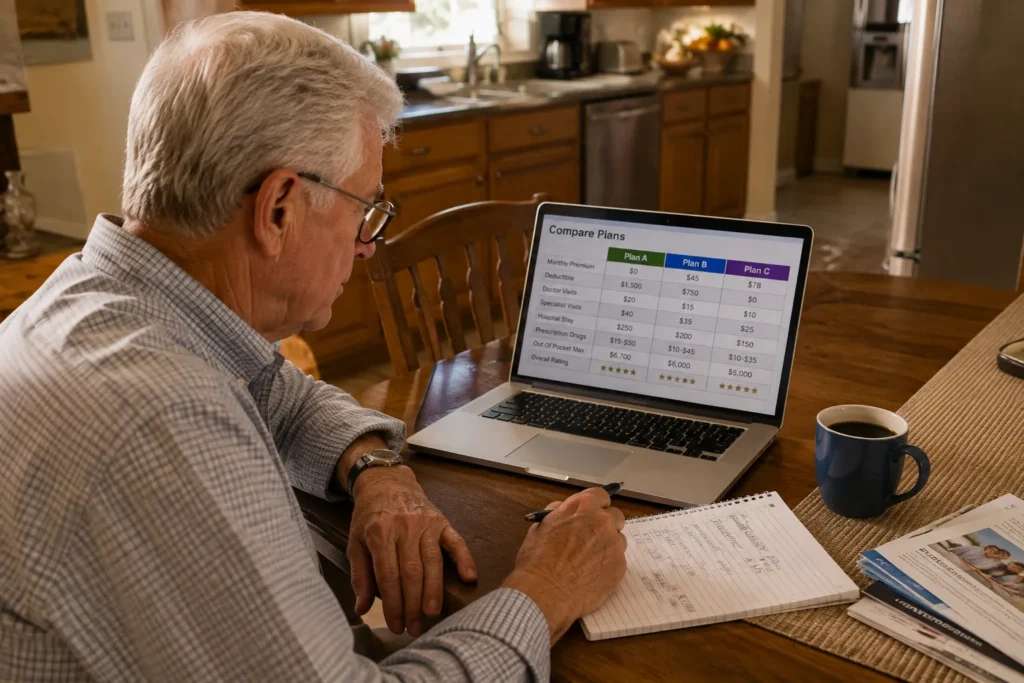 Senior comparing Medicare Advantage plan costs for 2026