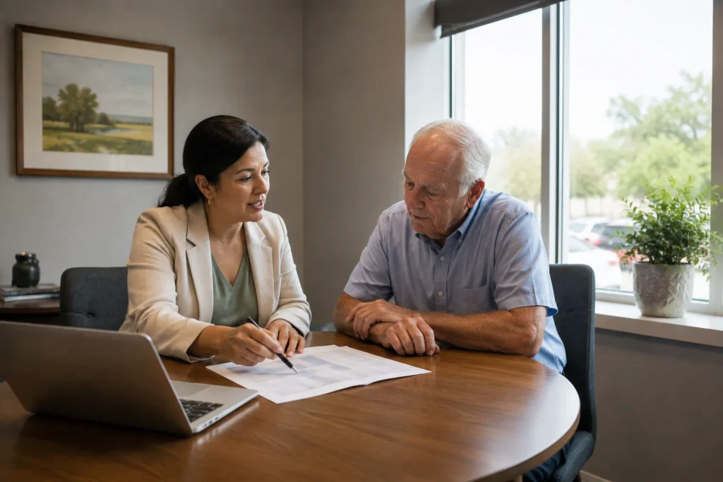 Medicare advisor and client reviewing a benefits comparison sheet together at a small office table, natural light.