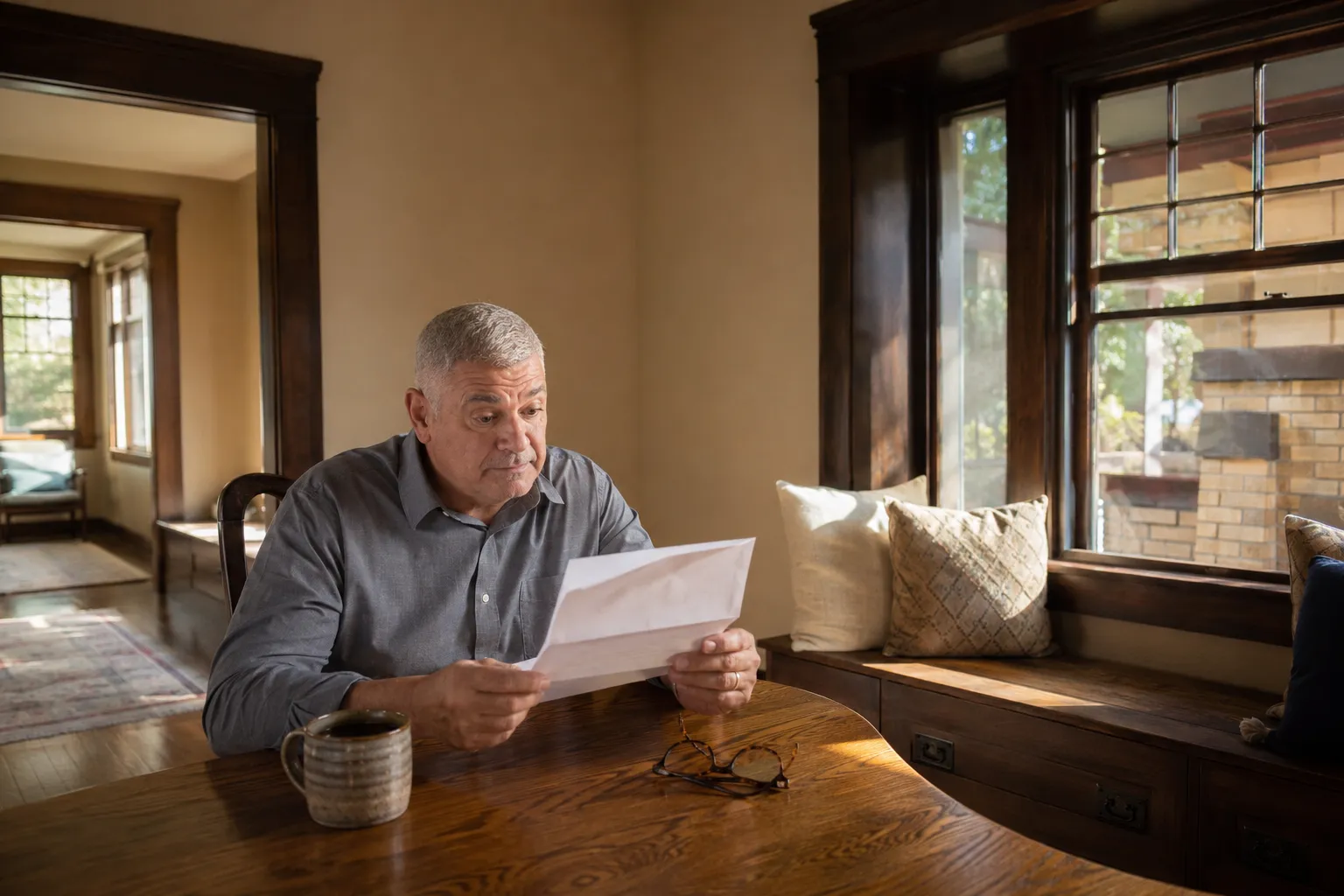 Retiree at a kitchen table reading a Medicare premium notice with a surprised, thoughtful expression, morning light through the window.
