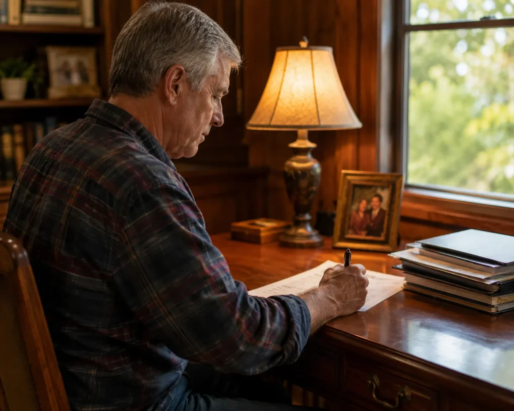 Recently retired man filling out a Medicare appeal form at a home desk, pen in hand, warm lamp light.