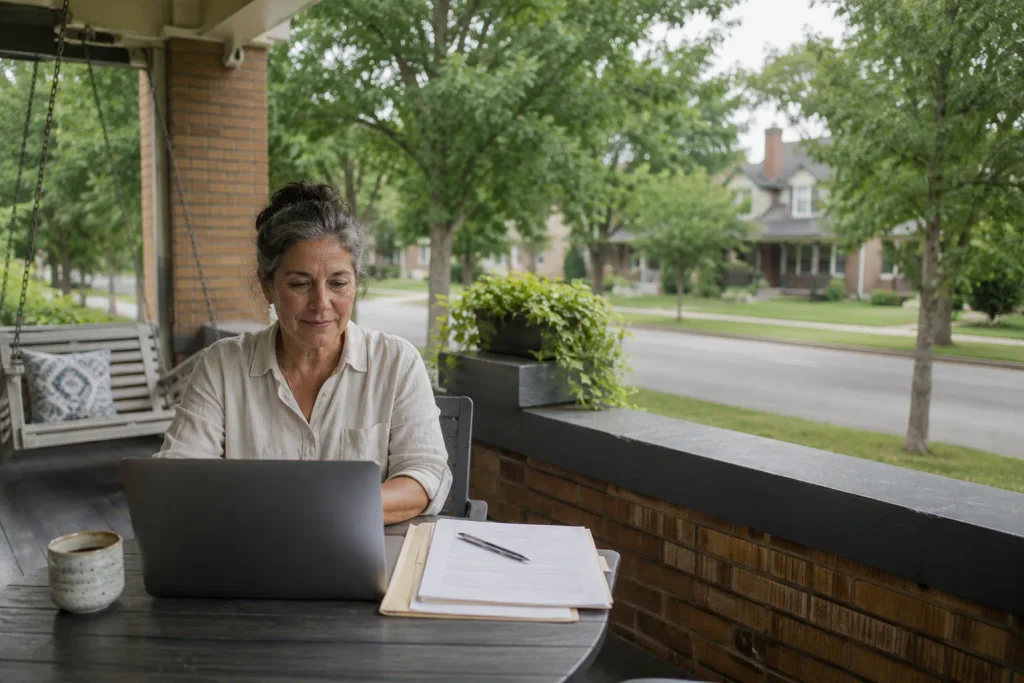 Woman working on a laptop on a craftsman home's covered porch, tree-lined Tulsa street softly visible beyond.