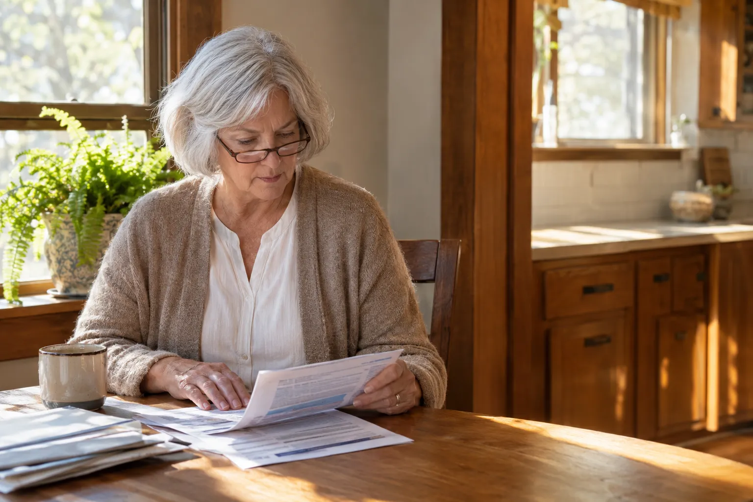 Woman reviewing Medicare Supplement Plan G paperwork at her kitchen table in Tulsa.