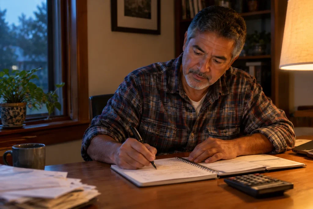 Man calculating his 2026 Medicare Plan G premium budget at home in the evening.