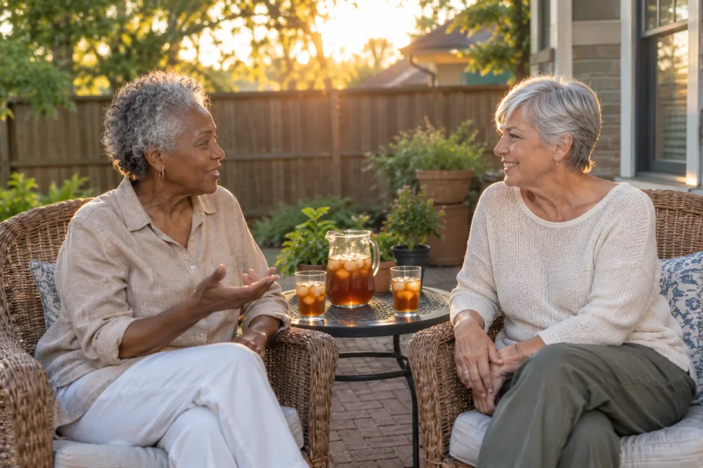 Two friends discussing whether Medicare Plan G is worth it on a Tulsa patio.