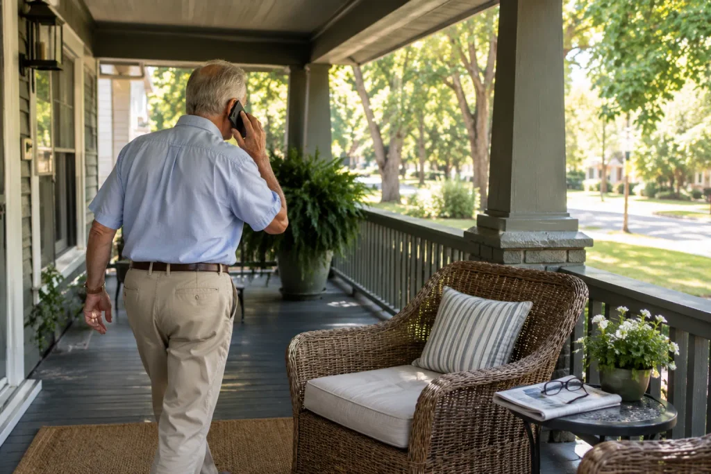 Retiree walking toward his porch phone call to decide between Plan G and Plan N.