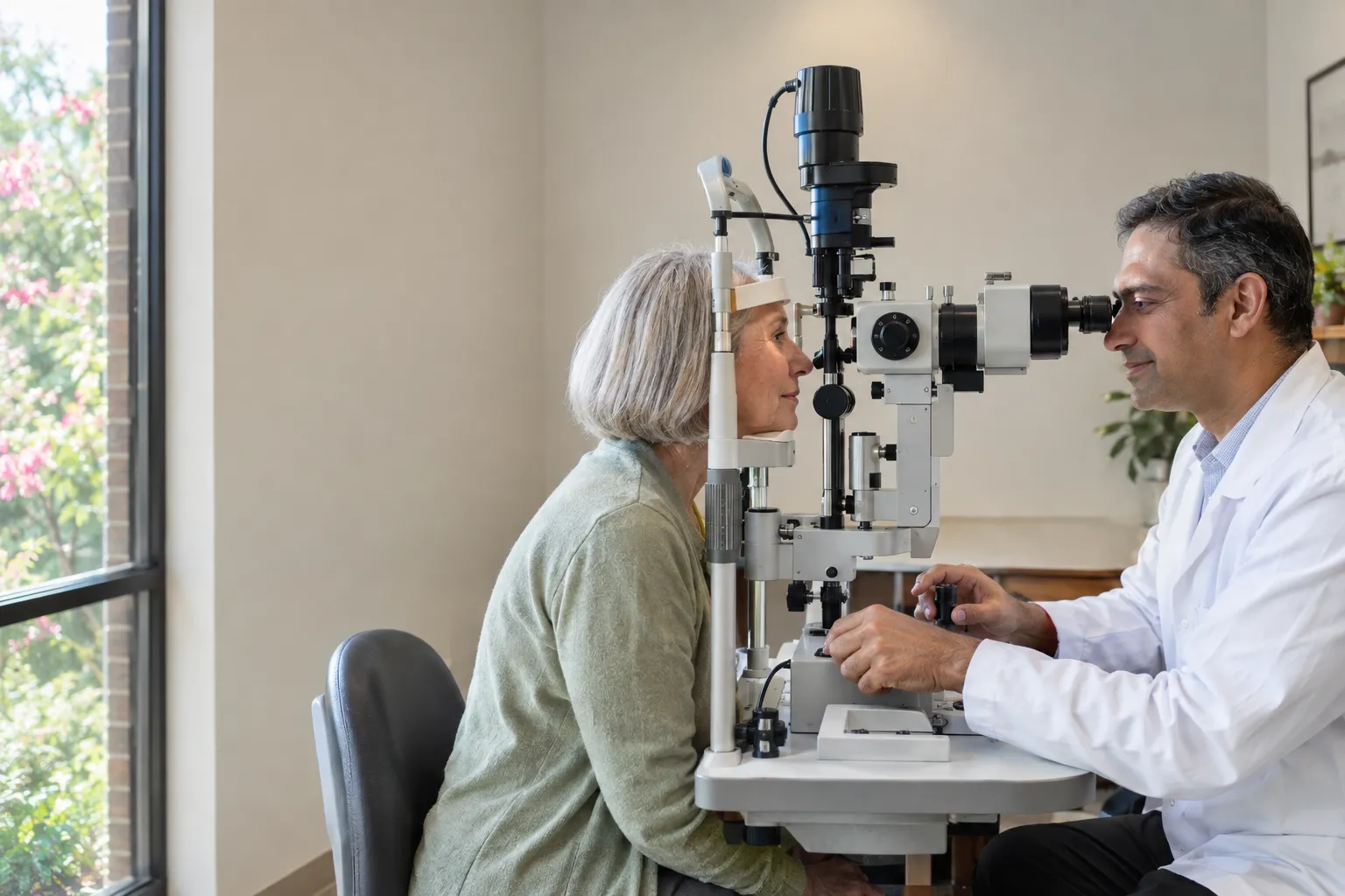 Does Medicare cover cataract surgery? A senior woman has her eyes examined at a slit lamp in a Tulsa eye clinic.