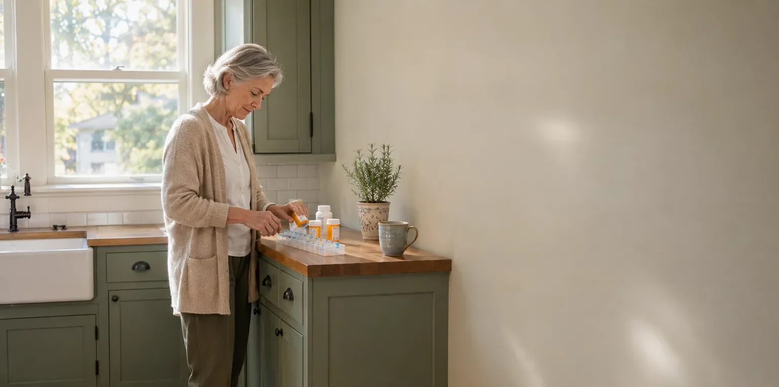 Senior woman in Tulsa organizing pills while researching does Medicare cover prescription drugs.