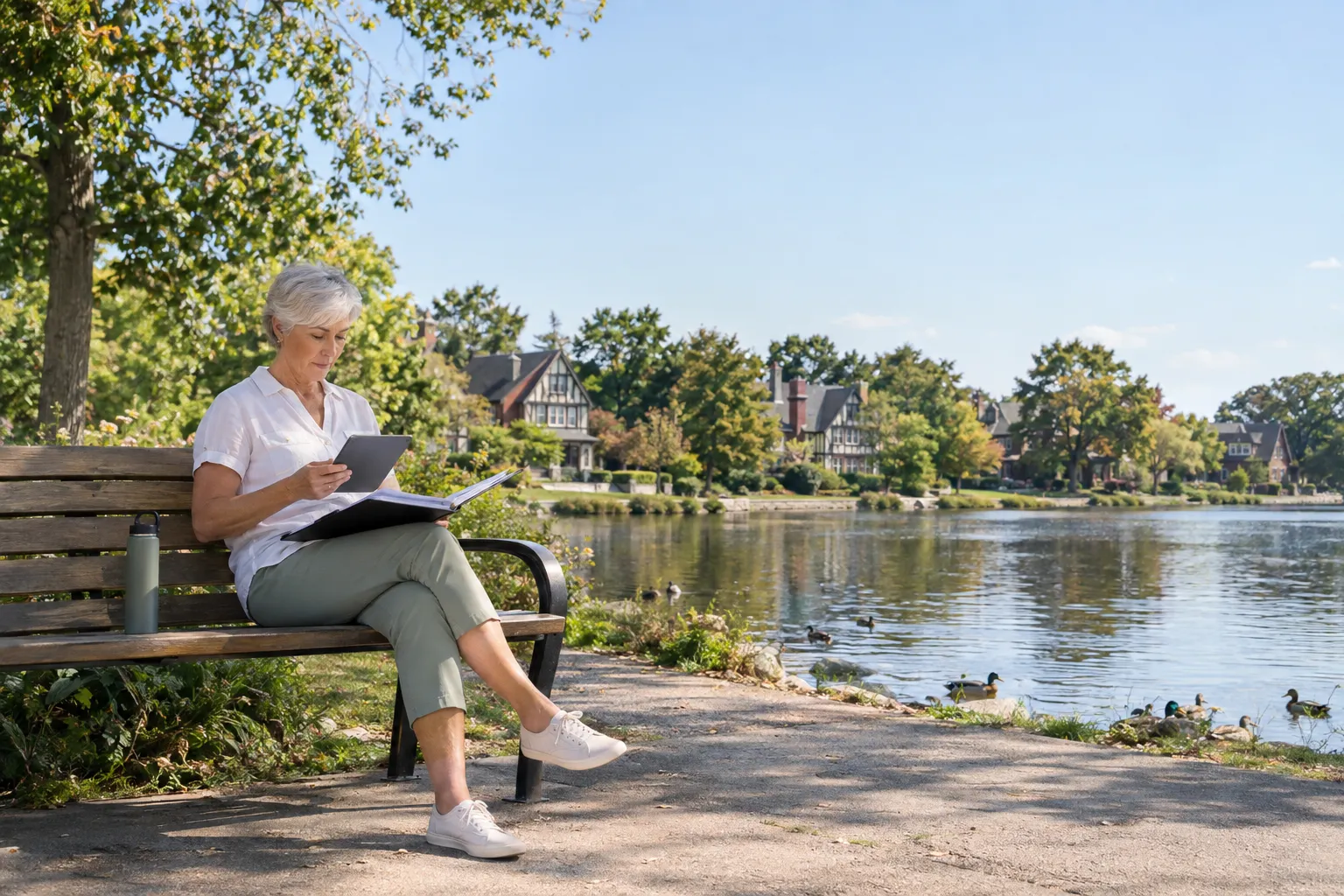 Senior woman researching Medigap plans on a bench by Swan Lake in Tulsa