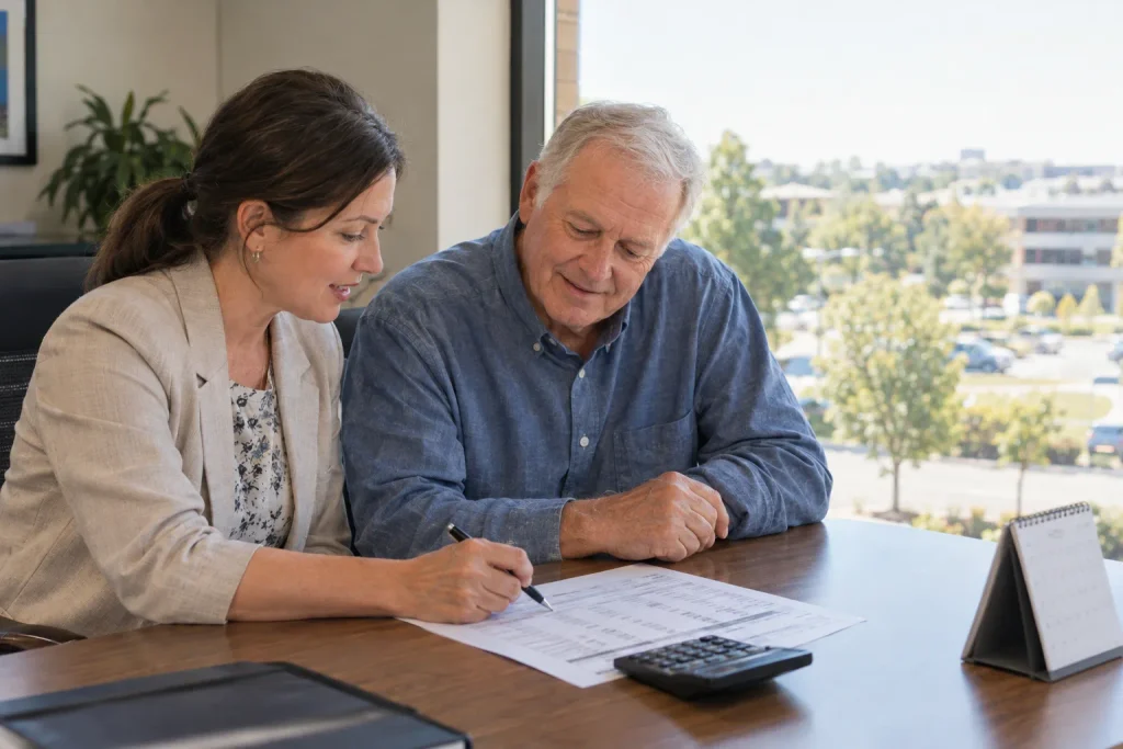 Advisor breaking down a client's Medicare Part B costs in a Tulsa office.