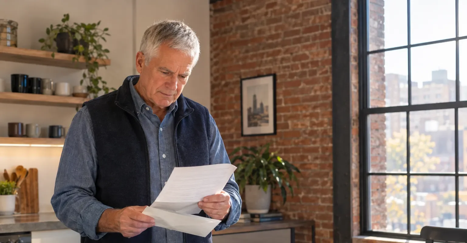 Senior reading his Medicare Open Enrollment notice at a Tulsa kitchen counter.