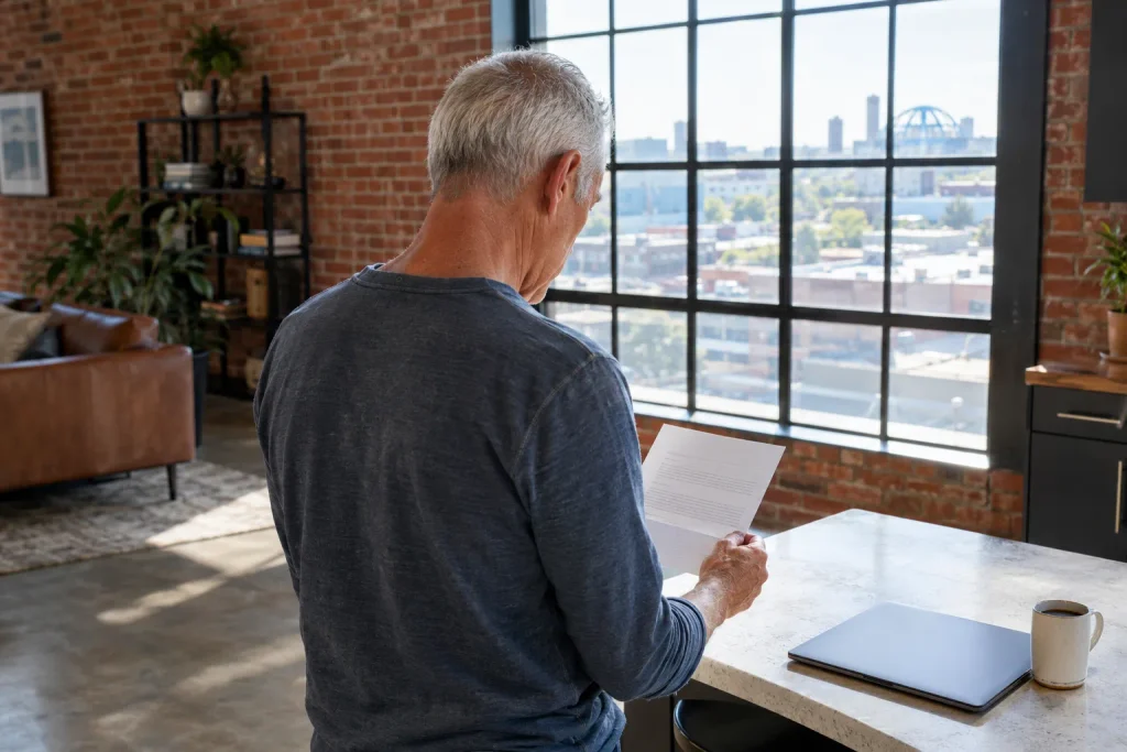 Senior reading his Annual Notice of Change letter in a Tulsa loft kitchen.