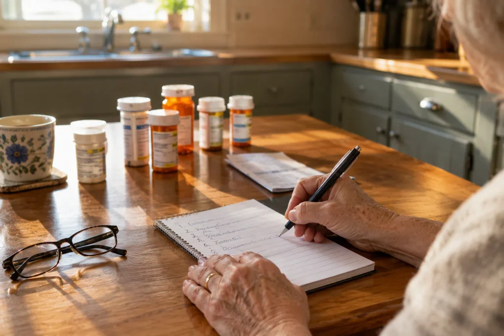 Senior writing her medication and doctor list before switching Medicare plans.