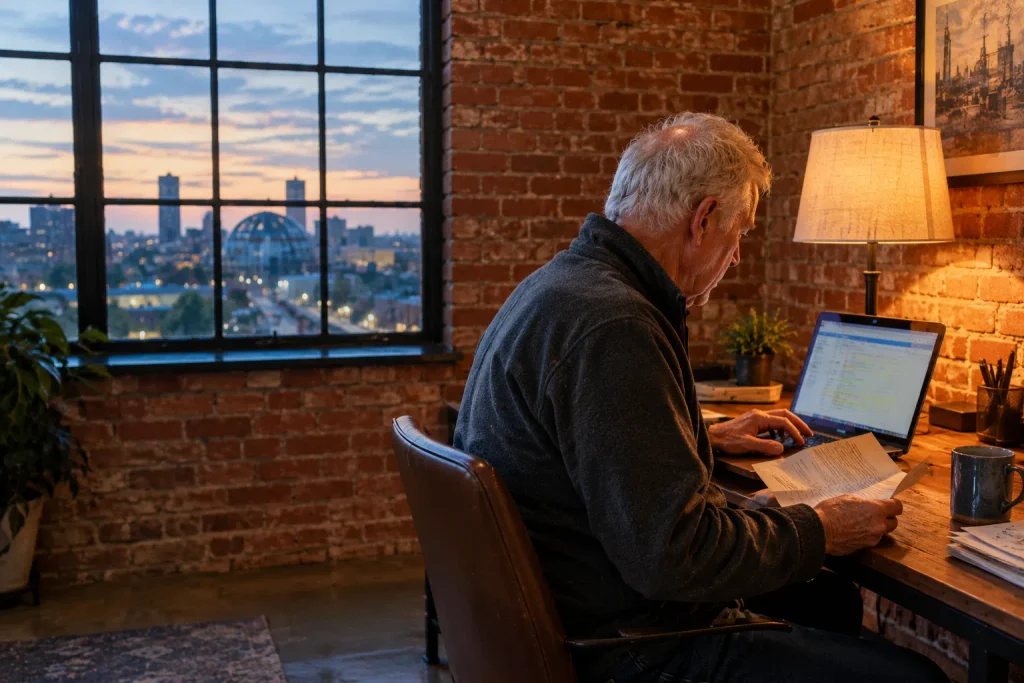 Senior comparing Medicare plans using the Plan Finder tool in a Tulsa loft