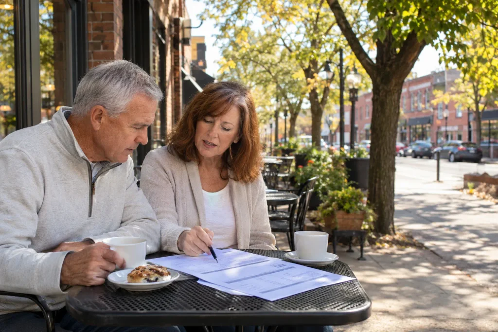 Couple comparing Medicare plan options at a Cherry Street café in Tulsa.