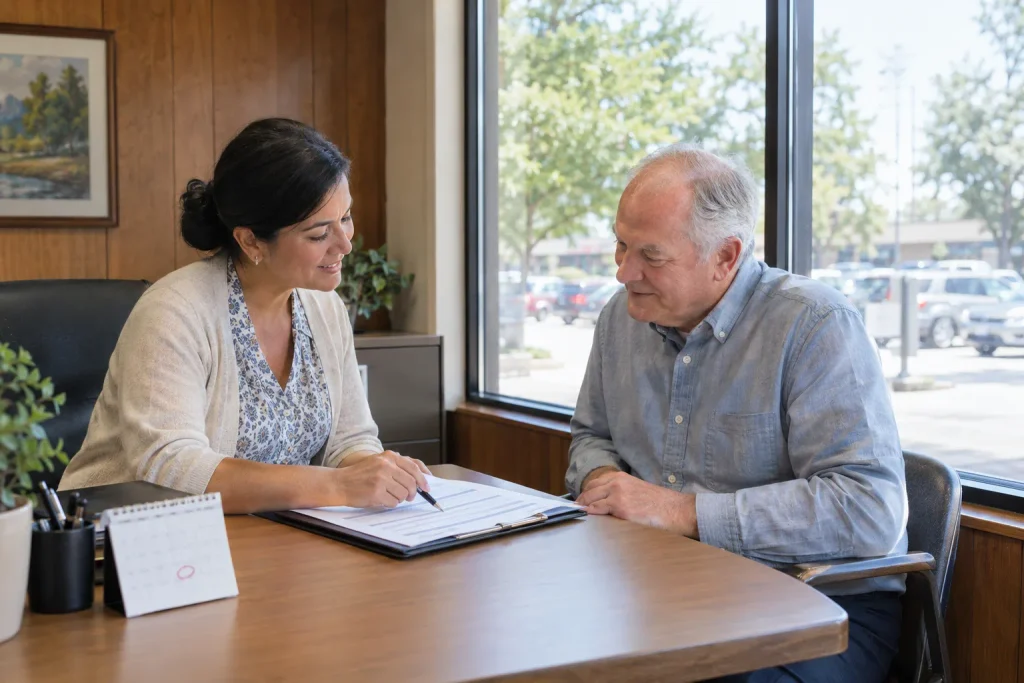 Advisor helping a client finish their Medicare enrollment in a Ranch Acres office.