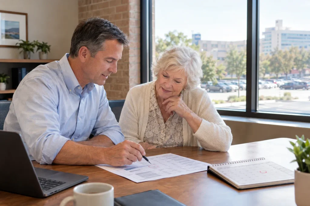 Advisor reviewing a Medicare Open Enrollment checklist with a Tulsa client.