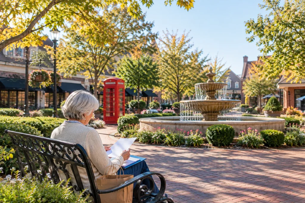 Senior reading an enrollment letter on a bench at Utica Square in Tulsa.